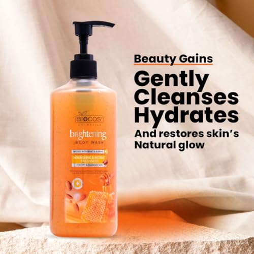 BIOCOS Brightening Body Wash Shower Gel - Hydrating Honey & Sweet Almond - 500ml (Pack of 2)