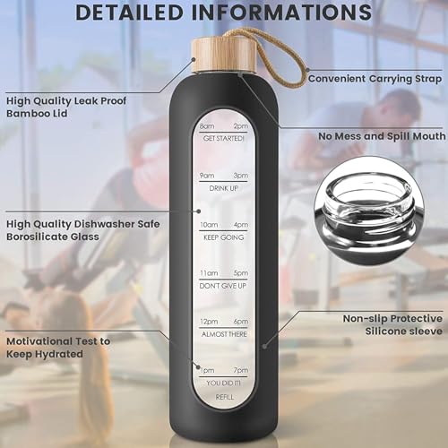 1000ml Glass Water Bottle with Time Marker - Borosilicate BPA-Free Bottle with Silicone Sleeve & Bamboo Lid