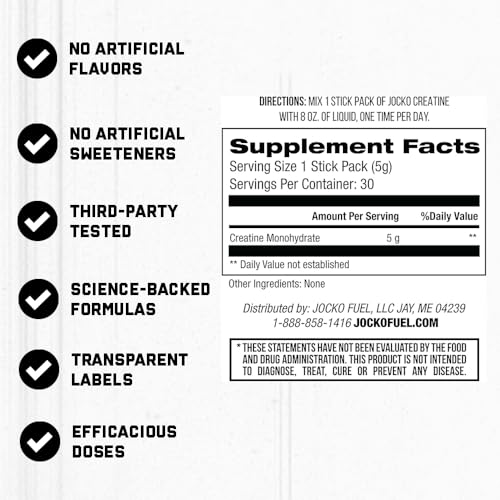 Jocko Fuel Creatine Monohydrate Stick Packs – 30 Servings Unflavored for Athletic Performance & Muscle Health