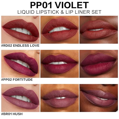 FOCALLURE KISSPROOF 6Pcs Liquid Lipstick & Lip Liner Set - Highly Pigmented Lip Gloss & Matte Lip Crayons with Sharpener - Violet Lip Makeup Gift for Women