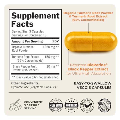 Turmeric Curcumin 1500mg with Black Pepper - 95% Curcuminoids - 45 Capsules