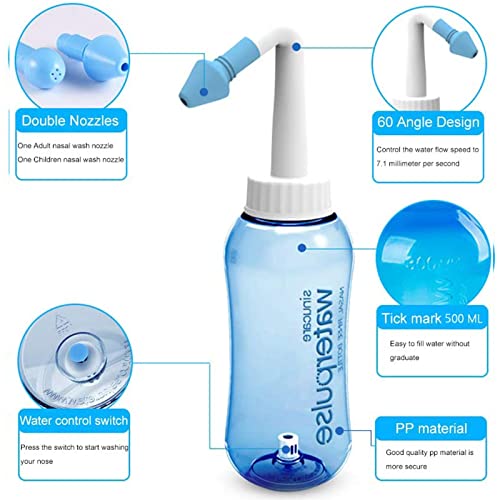 Neti Pot Sinus Rinse Nasal Wash Bottle - 500ML Blue Pressure Irrigation Cleaner (Salt Not Included)