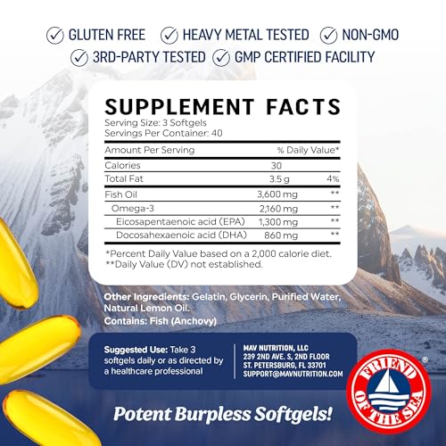 Triple Strength Omega 3 Fish Oil 3600mg - 1300mg EPA/860mg DHA (120 Softgels)