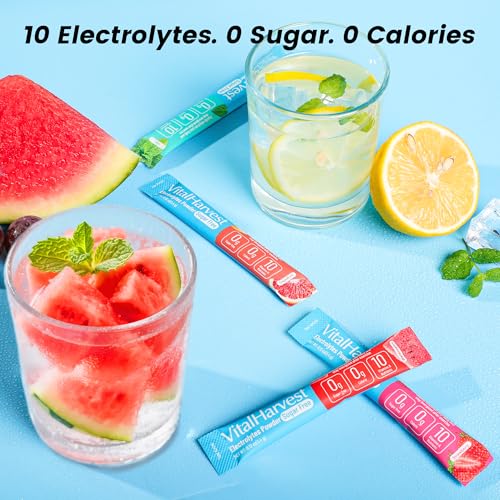 VitalHarvest 24 Sachets of Electrolyte Powder, 7 Flavors, Sugar Free for Daily Hydration, Low Sodium, Lemon-Lime, Watermelon, and Strawberry