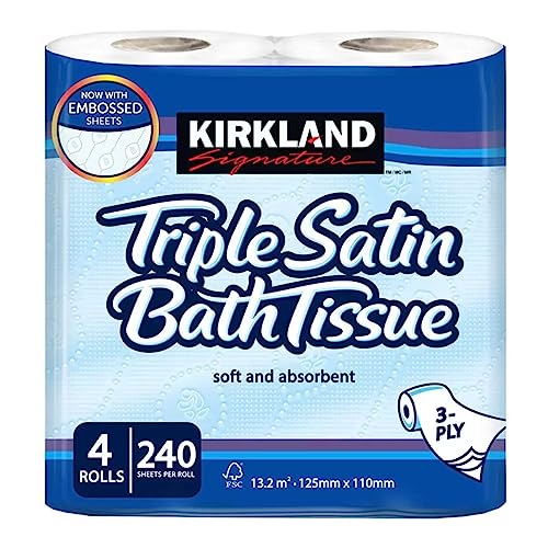 Kirkland Signature Triple Satin 3-Ply Toilet Paper, 4 Rolls Pack – Ultra Soft & Strong