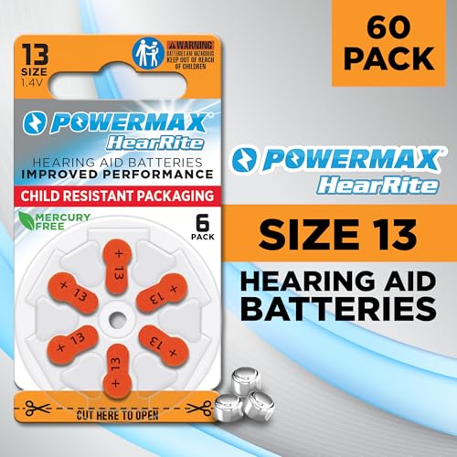 Powermax Size 13 Hearing Aid Batteries (Orange Tab) - 64 Count