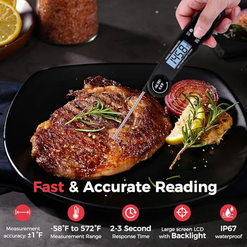 Digital Instant Read Meat Thermometer - Waterproof with Backlight (Black)