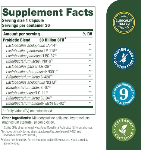MegaFood Digestive Probiotic - 12 Strain Vegetarian Formula for Gut Health & Digestive Support, 30 Billion CFU, 30 Capsules