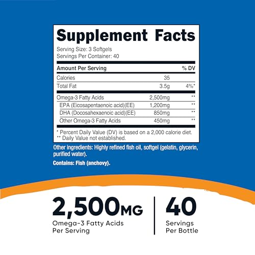 Nutricost Omega 3 Fish Oil 2500mg - 120 Softgels - Wild Caught - 1200mg EPA 850mg DHA - Non-GMO, Gluten Free