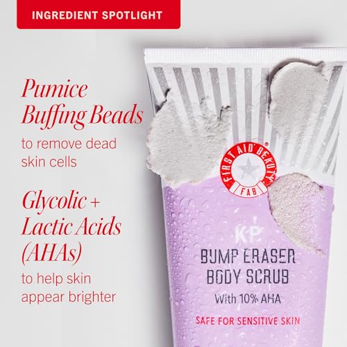 First Aid Beauty KP Bump Eraser Body Scrub Exfoliant with 10% AHA – 8 oz + Bonus 1 oz Travel Size