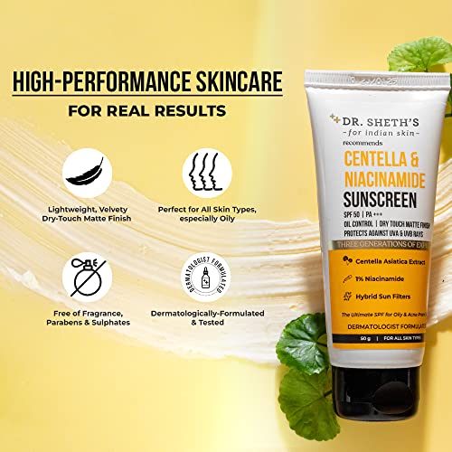 Dr. Sheth’s Centella & Niacinamide Sunscreen SPF 50 PA++++ - Acne & Oil Control, Ultra-Matte Finish, 50g
