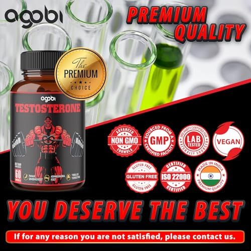 agobi Testosterone Supplement for Men - 11 Potent Herbs - Ashwagandha, Tribulus, Ginseng & More - 60 Capsules for 1 Month