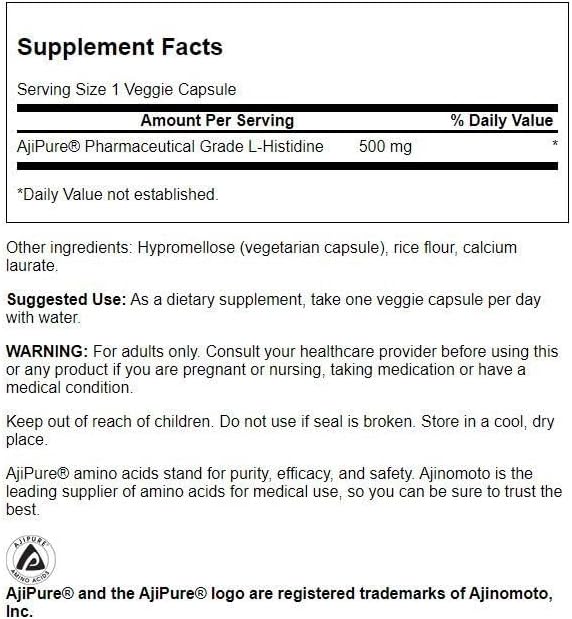 Swanson Ajipure L-Histidine: Pharmaceutical Grade Amino Acid (60 VegCaps)
