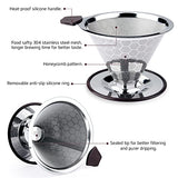 Pour Over Coffee Filter Dripper - Reusable Stainless Steel Metal Cone