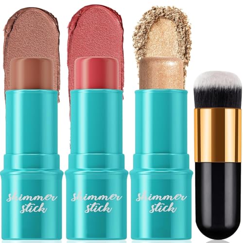 3 Pcs Cream Contour Stick Makeup Set with Brush | Bronzer, Blush & Highlighter | Long-Lasting & Waterproof