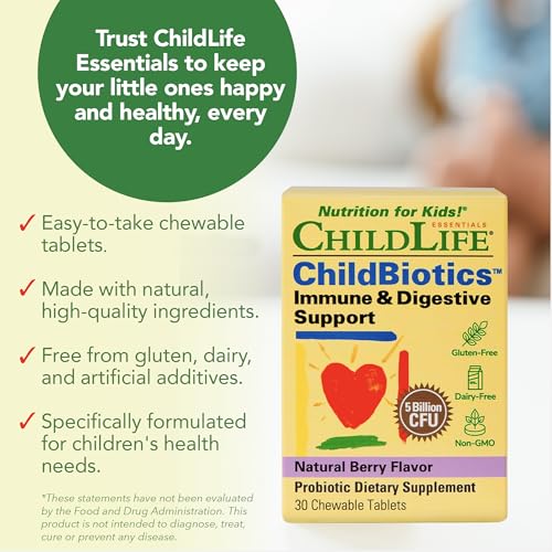ChildLife Essentials ChildBiotics Immune & Digestive Support - Kids Probiotic with Live Cultures, Non-GMO, Natural Berry Flavor, 30 Tablets
