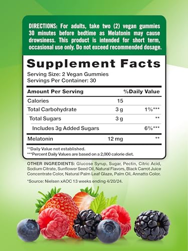 Nature's Truth Melatonin Gummies - 12mg - Mixed Berry Flavor - Vegan & Non-GMO - 60 Count