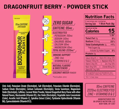BODYARMOR Caffeinated Flash I.V. Electrolyte Packets - Dragonfruit Berry | Zero Sugar Energy Drink Mix | Pre-Workout Hydration (6 Count)