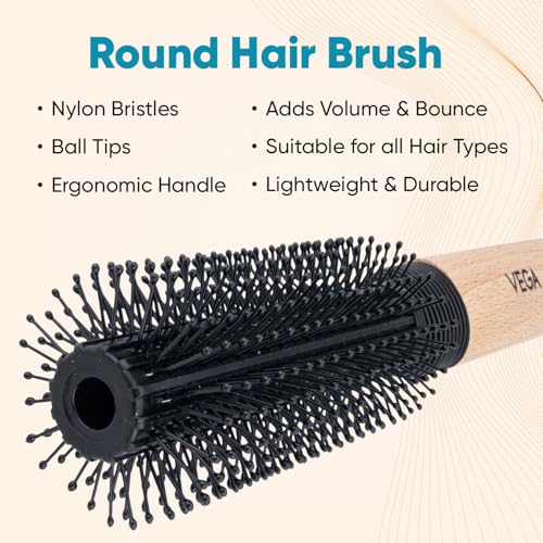 Vega Professional Round Brush - Wooden Handle, Black Head