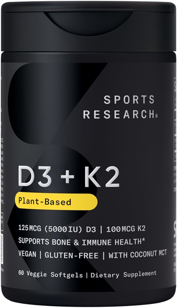 فيتامين د3 النباتي مع فيتامين ك2 من Sports Research، 60 صيجيل، لدعم صحة العظام.