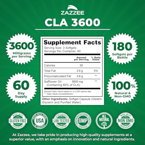 Zazzee High Potency CLA 3600 - 180 Softgels | 3600 mg per Serving | Non-GMO, Made in USA