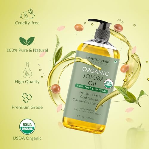 Majestic Pure Organic Jojoba Oil - Cold Pressed, 236 ML | For Skin, Hair, Massage & Essential Oil Dilution