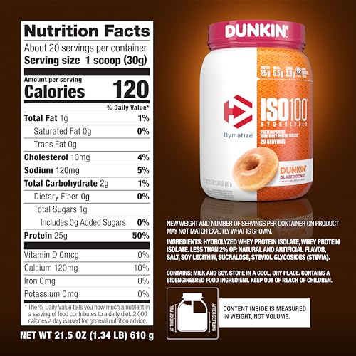 Dymatize ISO100 Hydrolyzed Whey Protein Isolate - Dunkin' Glazed Donut Flavor - Gluten Free - 20 Servings