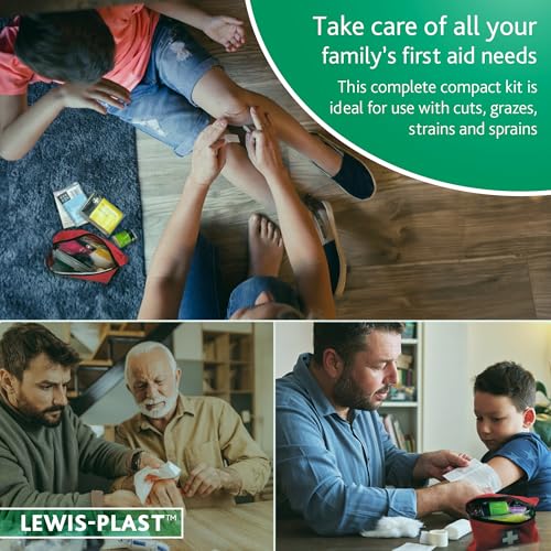 Lewis-Plast Premium 92 Piece First Aid Kit - Compact Safety Essentials for Home, Travel, Car, Camping & Outdoor Activities - Small Red