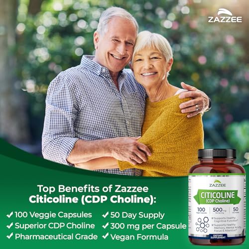 Zazzee Extra Strength Citicoline (500 mg) - 100 Vegan Capsules for Cognitive Support