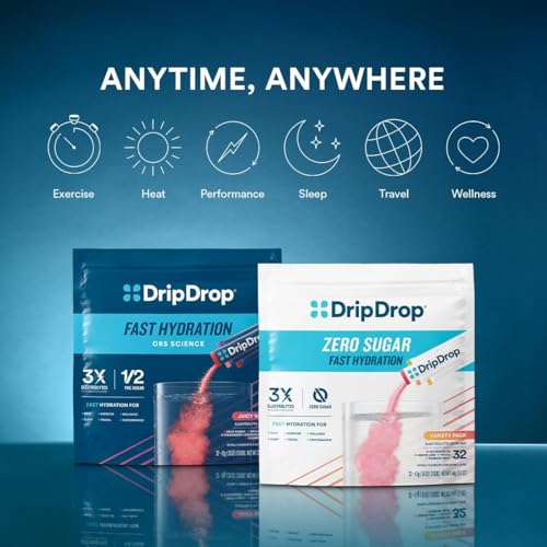 DripDrop Hydration Electrolyte Powder Packets - Grape, Fruit Punch, Strawberry Lemonade, Cherry (16 Count)