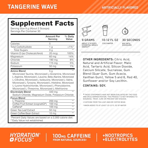 Optimum Nutrition Amino Energy Plus Electrolytes Pre-Workout - Tangerine Wave (30 Servings) | BCAA, Amino Acids & Electrolytes