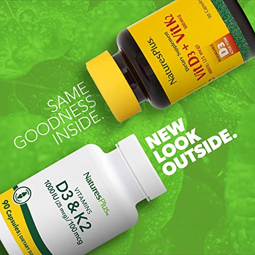 Nature's Plus Vitamin D3 & K2 - 1000 IU/100 mcg - Vegetarian Capsules for Bone & Heart Health