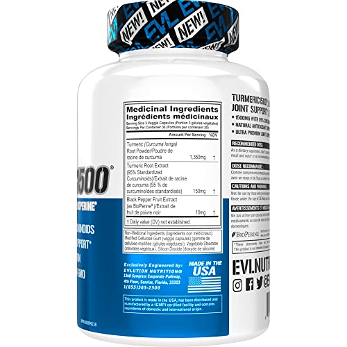 Evlution Nutrition Turmeric 1500 - 90 Veggie Capsules for Joint & Immune Support with High-Potency Curcumin