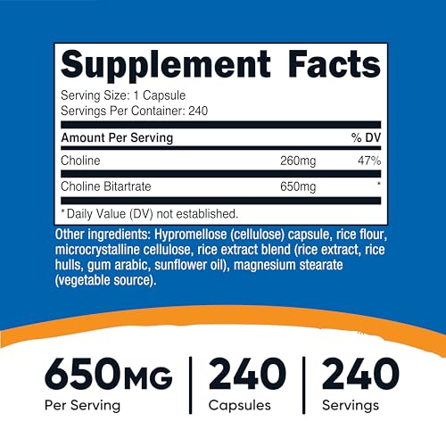 Nutricost Choline Bitartrate 650mg - 240 Vegetarian Capsules | Non-GMO, Gluten-Free Brain Support