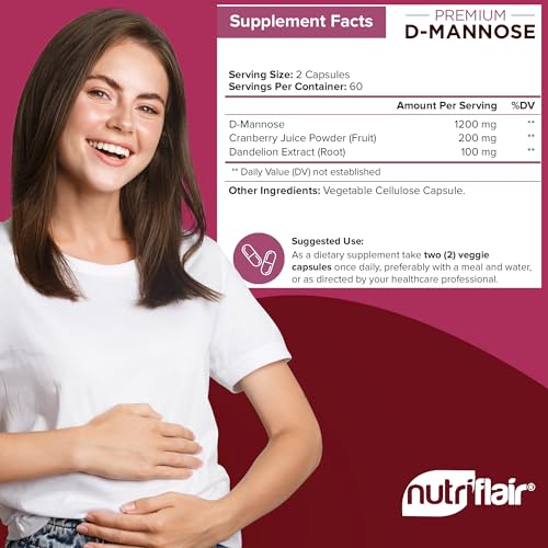 NutriFlair D-Mannose 1200mg - 120 Capsules with Cranberry & Dandelion Extract for Urinary Tract Health & UTI Support