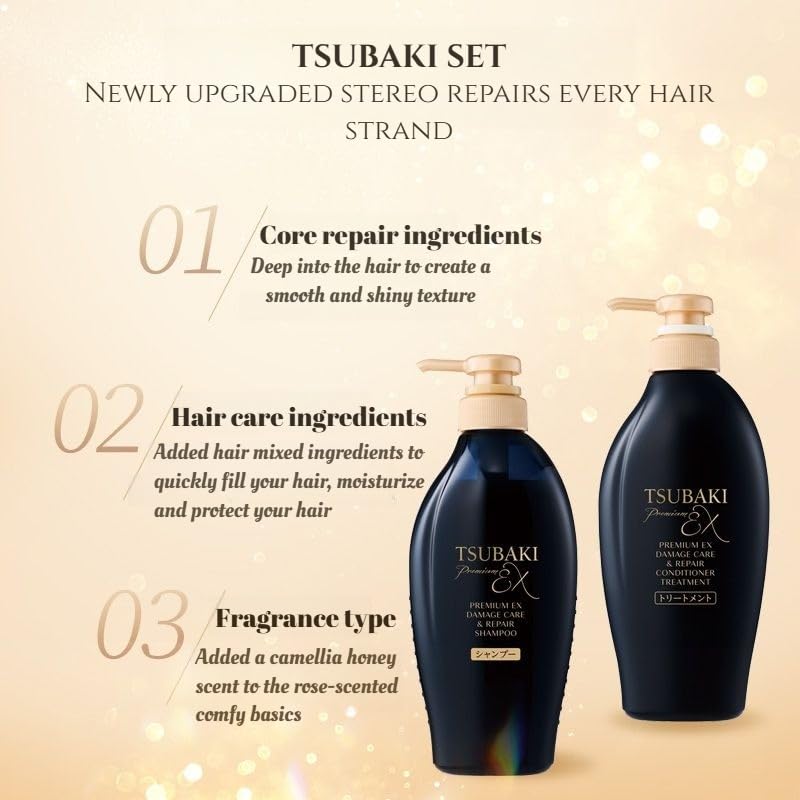 TSUBAKI Premium EX Damage Care Shampoo & Treatment Set - 400ml Each | Black Camellia Hair Repair