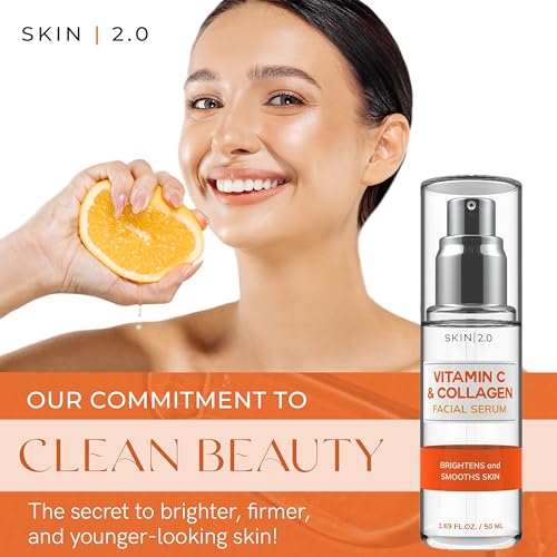 Vitamin C Serum With Collagen by Skin 2.0 - Dermatologist Tested Korean Skincare for Dark Spots & Brightening - Anti-Aging & Acne Facial Serum - Cruelty-Free - 1.69 Fl. oz