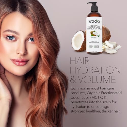 PURA D'OR Organic Fractionated Coconut Oil 16 oz - MCT Oil for Hair, Face & Skin