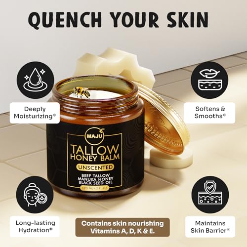 MAJU Beef Tallow Manuka Honey Balm - Unscented Skin Moisturizer with Black Seed Oil