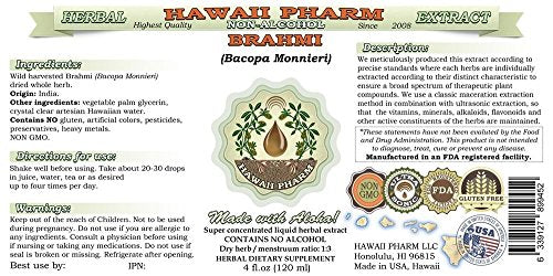 Hawaii Pharm Organic Brahmi Liquid Extract - Alcohol-Free Bacopa Monnieri Glycerite 2 oz