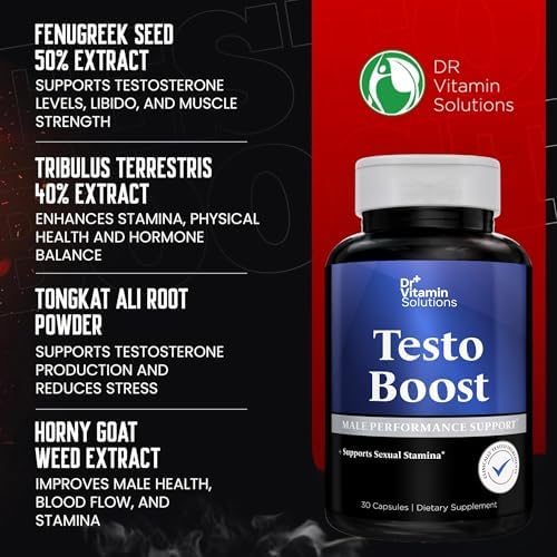 Dr. Vitamin Testo Boost Supplement for Men - Stamina, Endurance & Energy Enhancement - Male Testosterone Booster w/ Fenugreek, Tribulus, Tongkat Ali, Horny Goat Weed - 30 Capsules