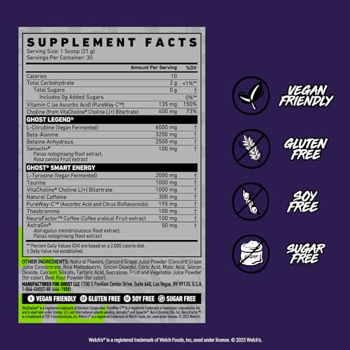 GHOST Legend Pre-Workout Powder - Welch's Grape (Energy & Focus)