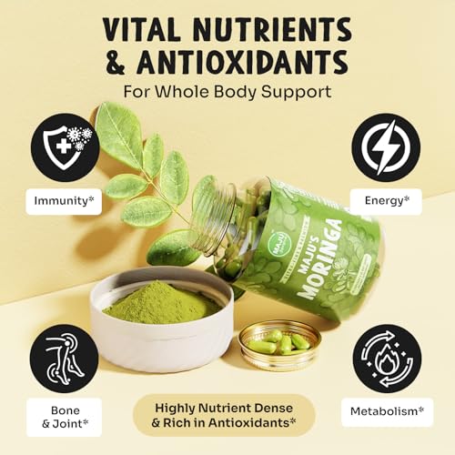 Maju Superfoods Organic Moringa Capsules, Oleifera Leaf Extract, Dried Drumstick Tree Leaves, Premium Plant-Based Supplement (90 ct)