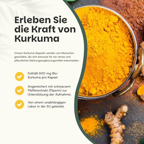 Organic Turmeric Capsules with Black Pepper Piperine - 100 Capsules - Natural Anti-Inflammatory & Antioxidant Support