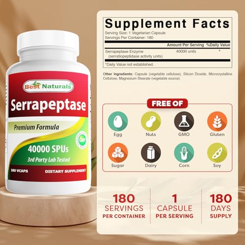 Best Naturals Serrapeptase 40,000 SPUs - Digestive & Systemic Support, 180 Capsules
