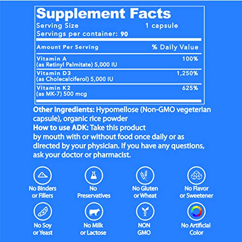 Life Strength ADK - Vitamins A, D3 & K2 (MK7) for Bone, Heart & Immune Support - 90 Capsules