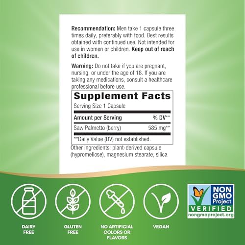 Nature's Way Saw Palmetto Berries, Traditional Prostate Support*, 585 mg per Serving, Non-GMO Project Verified, Vegan, 180 Capsules (Packaging May Vary)