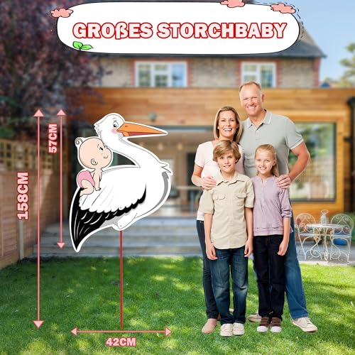 Large 158cm Wooden Stork Outdoor Birth Announcement Sign (Pink Rattle) - Welcome Home Decor