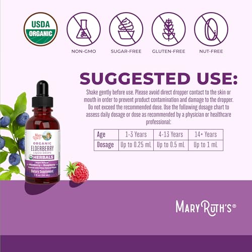 MaryRuth Organics Elderberry Syrup - USDA Organic, Sugar-Free Immune Support for Kids & Adults | 1 Fl Oz