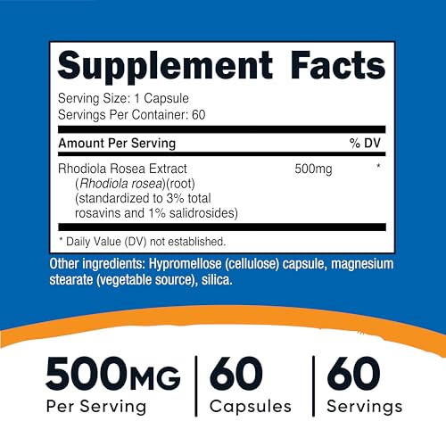 Rhodiola Rosea 500mg, 60 Gluten Free, Non-GMO Vegetarian Capsules